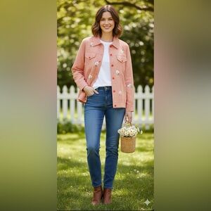 The Quacker Factory Daisies Orange Plaid Embroidered Check Jacket Shacket Medium